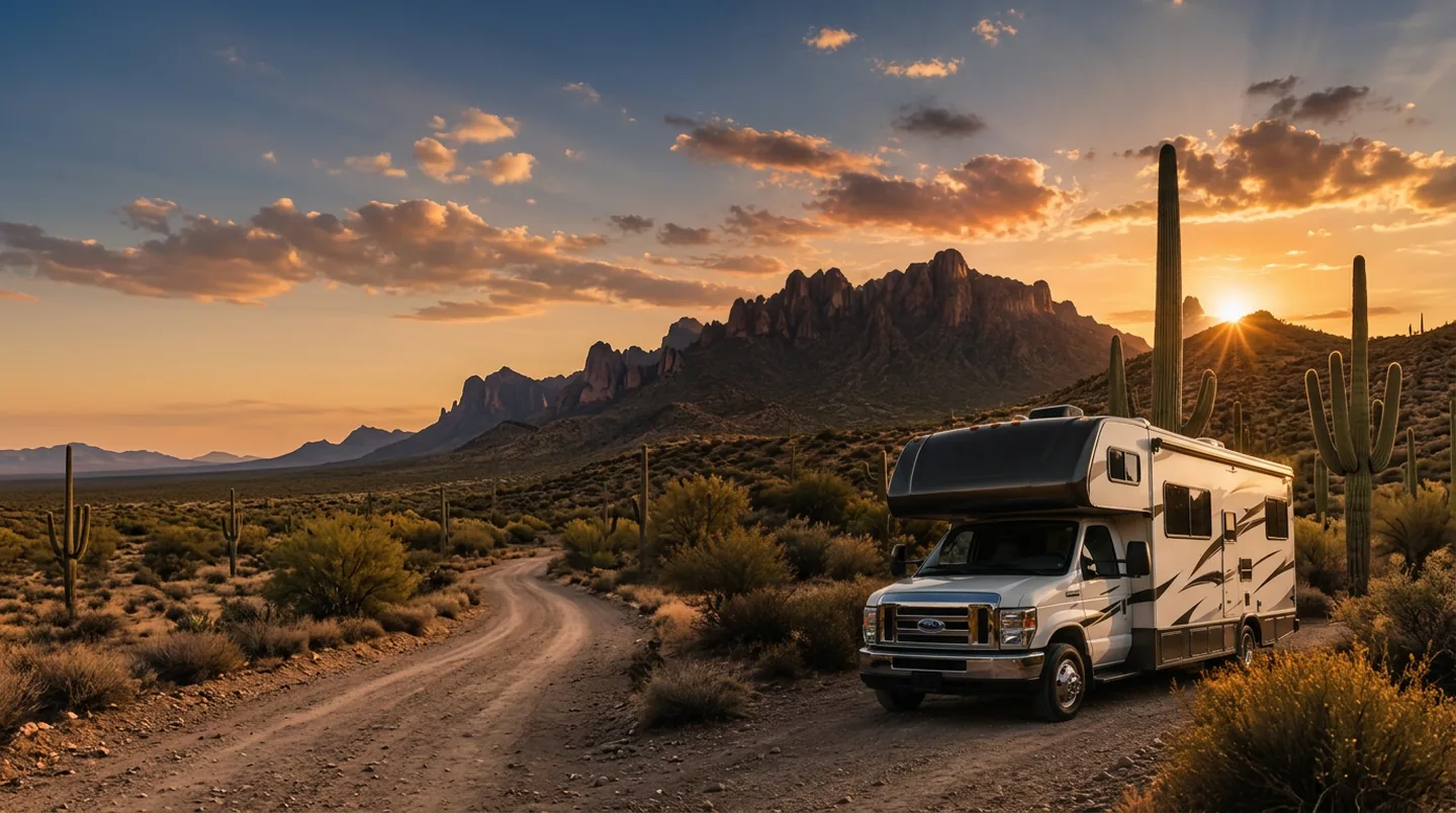 Class C motorhome parked on a desert road below Arizona mountains at golden hour